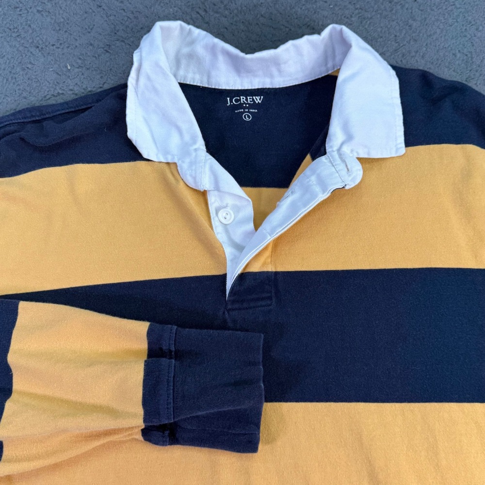 J.Crew Rugby Shirt Mens L Yellow Navy Blue Striped Long Sleeve Contrast Collar